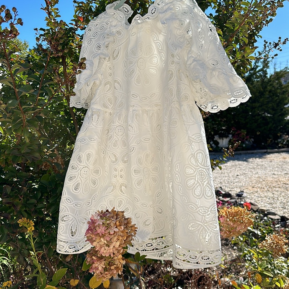 Sezane NINON dress 8 white lace wedding bridal shower rehearsal influencer fav…